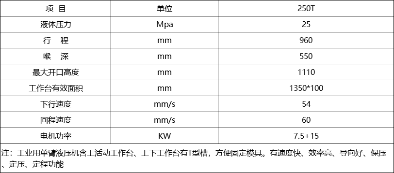 250吨单柱液压机参数 250吨单柱液压机参数